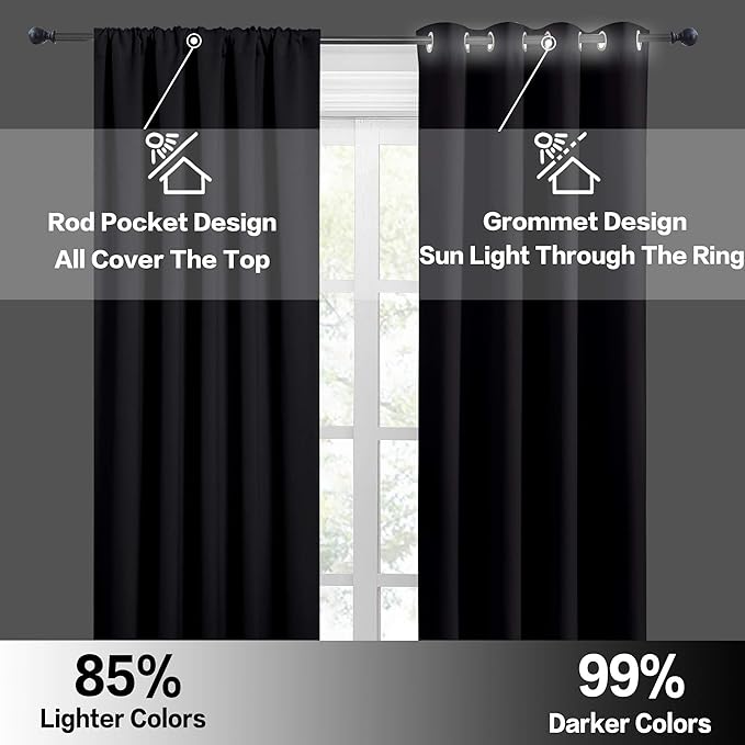 RYB HOME Black Curtain Panels for Nursery Soft Solid Energy Saving Drapes Window Treatments Insulated Panels Sunlights Block Privacy Protect for Bedroom Kitchen, 42 in x 54 in, Black, 2 Pcs