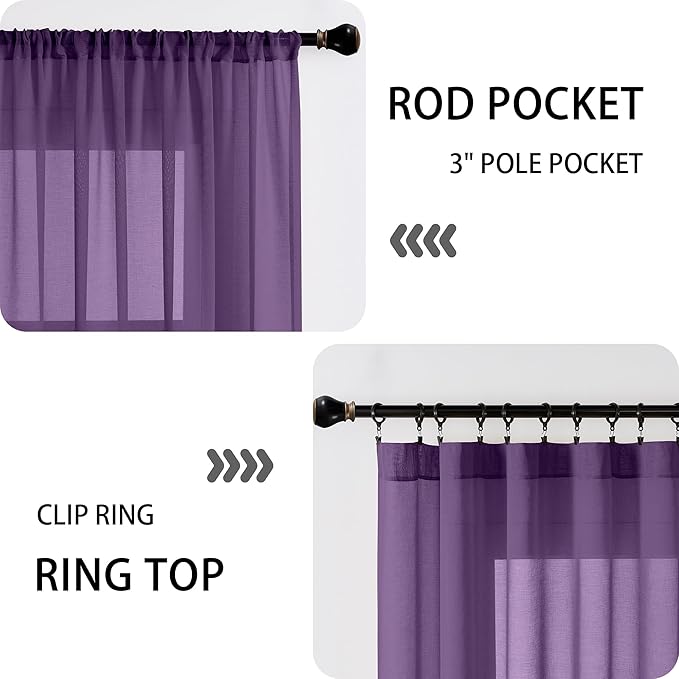 Tollpiz Short Sheer Curtain Linen Textured Curtain Sheers Doorway Light Filtering Voile Patio Glass Door Rod Pocket Curtains French Door, 54 x 54 inches Long, Royal Purple, Set of 1 Panel
