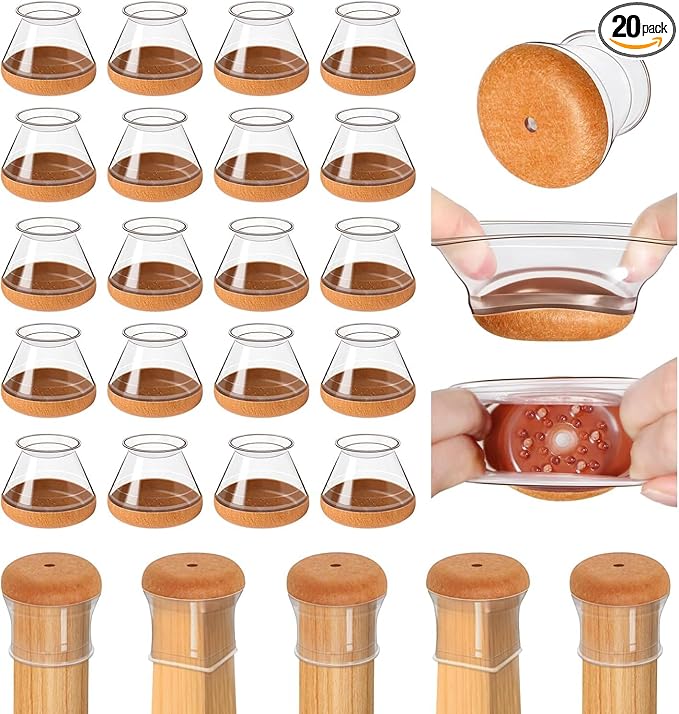 20 Pcs Chair Leg Floor Protectors for Hardwood Floors, Clear Rubber Furniture Sliders with Felt, Silicone Furniture Leg Caps Covers, Fit Round Diameter (1.2" to 1.4")