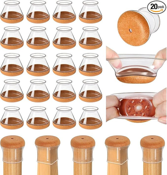 20 Pcs Chair Leg Floor Protectors for Hardwood Floors, Clear Rubber Furniture Sliders with Felt, Silicone Furniture Leg Caps Covers, Fit Round Diameter (1.2" to 1.4")