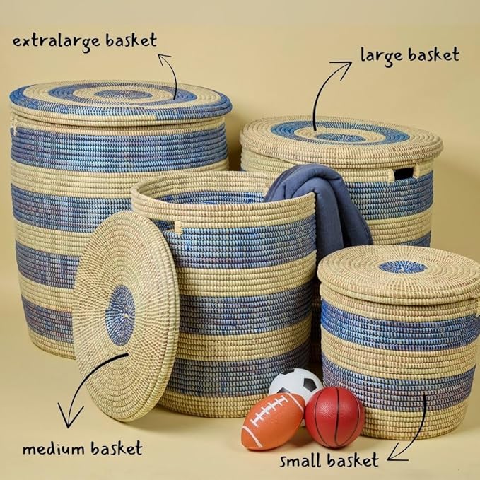 Storage & Organization - Basket, Laundry Hamper, Nursery Toys Bin, Living Room Blankets Storage, Decorative, Wicker, Woven, Sturdy, Round, Handles, Navy Blue, Large