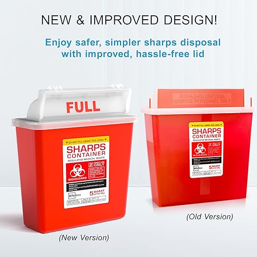 Sharps Container Large - Sharps Containers for Home Use and Labs - Portable Needle Disposal and Travel Size Biohazard Bin - 5 Quart Plus (Pack of 2)