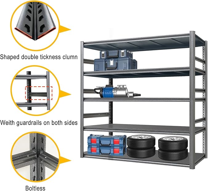 Storage Shelf 5-Tier Garage Shelving, Industrial Shelving with Guardrails, 2500LB Boltless Metal Shelves Heavy Duty for Storage Room, 18" D x 47.2" W x 72" H, Iron Black 2 Pack