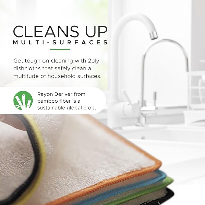 Whiffkitch Dishcloths Dishrags for Kitchen and Household Cleaning 9x9 6-Pack Non-Scratch 2-Ply Weave, Bamboo-Rayon Fabric, Absorbent, Washable, Long-Lasting