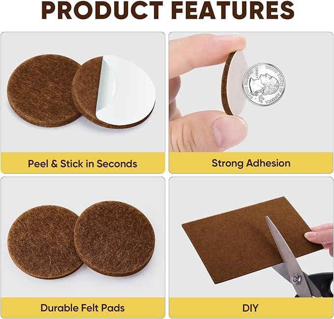 BALEINE 141PCS Felt Furniture Pads, Multi-Size Felt Pads for Chair Legs, Tables, Beds, Scratch-Reducing Floor Protectors for Hardwood Floors, Tile, Vinyl, and Laminate (141PCS, Brown)