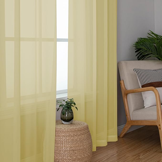 Chyhomenyc Mustard Yellow Sheer Curtains 84 Inch Length 2 Panels, Light Filtering Soft Airy Voile Rod Pocket Sheer Window Drapes for Bedroom Living Room, Each 42Wx84L Inches