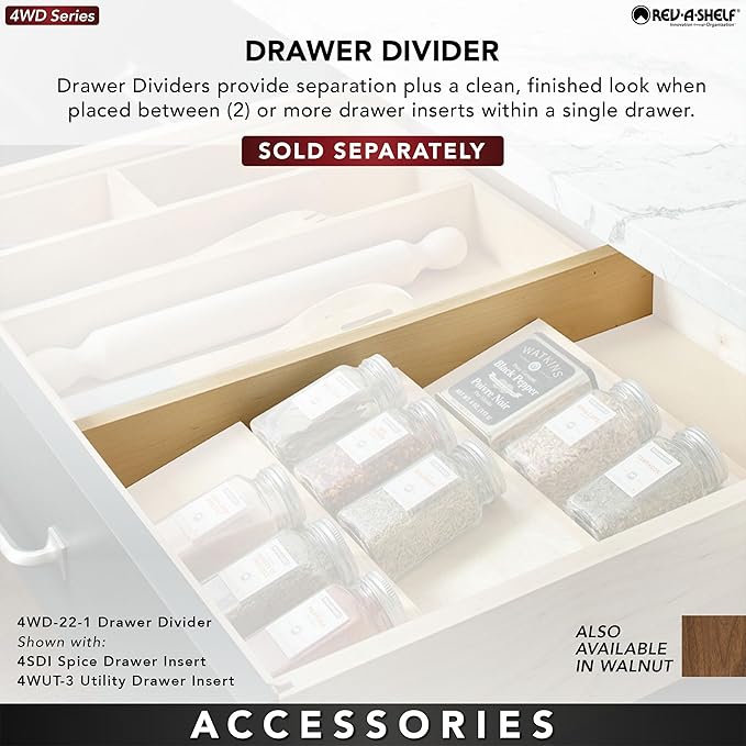 Rev-A-Shelf Trim-to-Fit Silverware Drawer Organizer For Kitchen Utensils, Cutlery Cabinet Storage Divider Insert, 18.5X22 X 2 7/8" D, Maple Wood, 4WUT-1