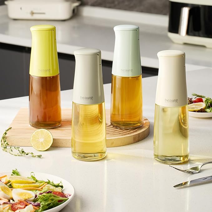 Olive Oil Dispenser Bottle for Kitchen, Auto Flip、Non-Drip、Leak Proof, Oil Bottles for Kitchen, Vinegar Dispenser, Cooking Glass Bottle with 500ml (Cream Yellow)