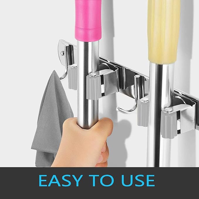 2 Pcs Mop Broom Holder Wall Mounted, Dustpan Holders, Stainless Steel Mop Hangers Organizer, Broom Rack, Utility Hook for Hanging Brooms and Mops(3 Racks 4 Hooks and 2 Racks 3 Hooks)