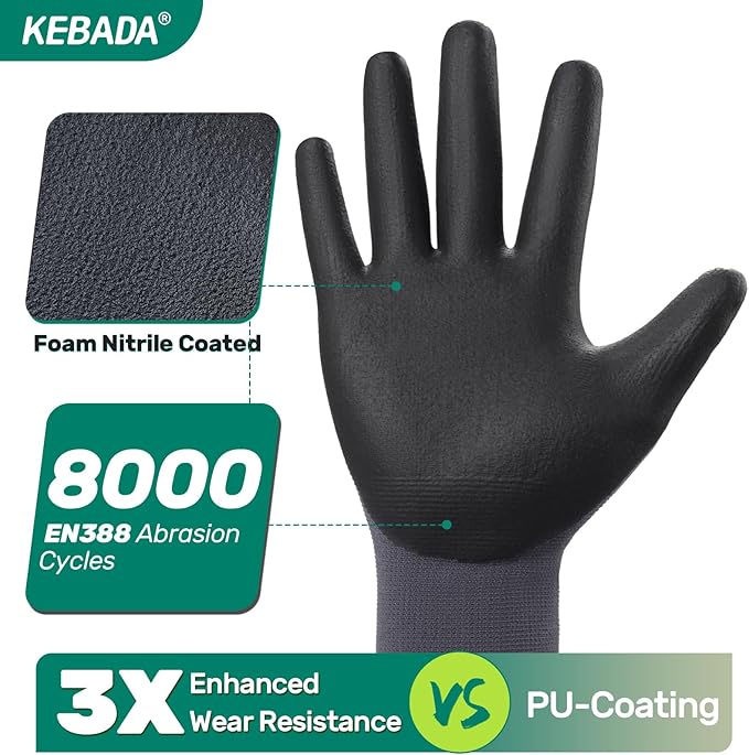 12 Pairs Work Gloves for Men and Women, Nitrile Coated Safety Protective Gloves with Grip, Ideal for Gardening, Warehouse, Mechanic, Light Duty Construction Work,Large