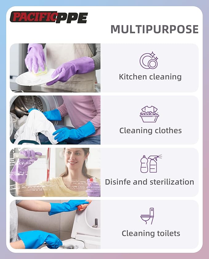 PACIFIC PPE 2 Pairs Reusable Dishwashing Cleaning Gloves, Household, Kitchen, Cotton Liner, Blue, Small