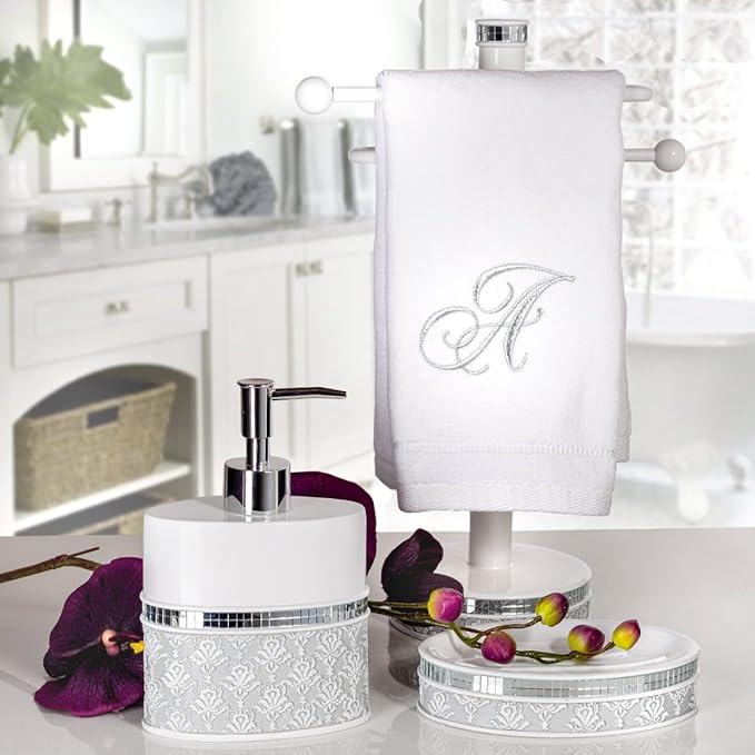 Creative Scents Mirror Damask Grey and White Soap Dispenser, Decorative Hand Soap Dispenser for Bathroom - Modern Countertop Lotion Dispenser with Durable Pump for Elegant Bathroom Decor