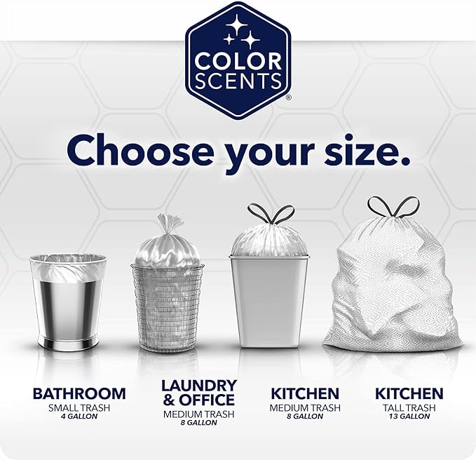Color Scents Tall Kitchen Trash Bags - 13 Gallon, 100 Bags (1 Pack of 100 Count), Drawstring - White bag in Lavender + Sage Scent with Microban