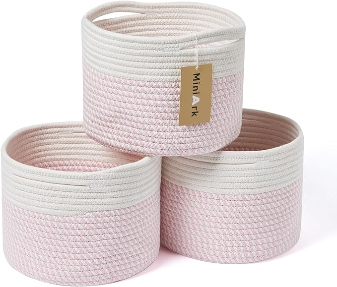 Small Basket for Organizing | Cube Shelf Closet Storage Baskets | 9.7×9.7×7.1” | Woven Rope Gift Basket | Nursery | Round 3 Packs Pink