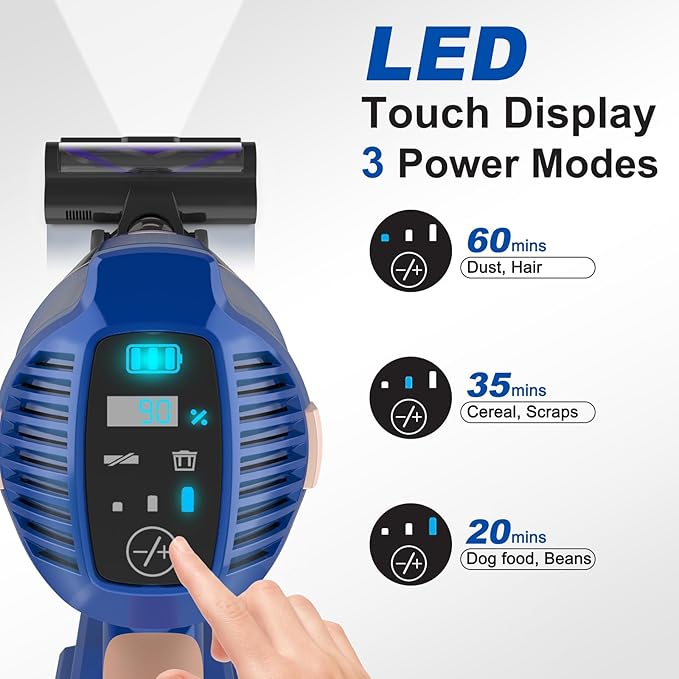 Cordless Vacuum Cleaner for Home, 45Kpa 300W 60Mins Stick Vacuum Cleaner with Touch Screen, 8-in-1 Rechargeable Battery Cordless Vacuum, LED Lightweight Vacuum for Pet Hair Carpet Hardwood Floors