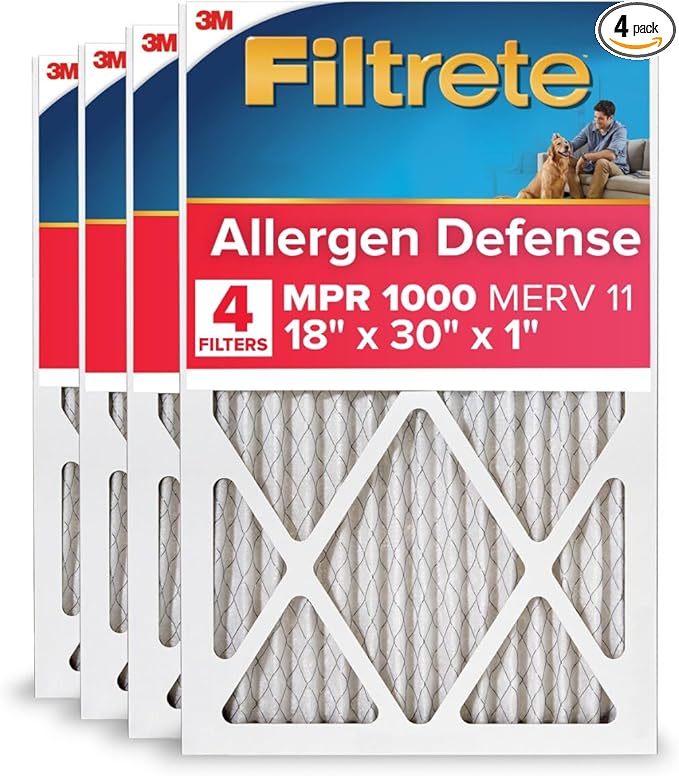 Filtrete 18x30x1 AC Furnace Air Filter, MERV 11, MPR 1000, Micro Allergen Defense, 3-Month Pleated 1-Inch Electrostatic Air Cleaning Filter, 4 Pack (Actual Size 17.81 x 29.81 x 0.81 in)