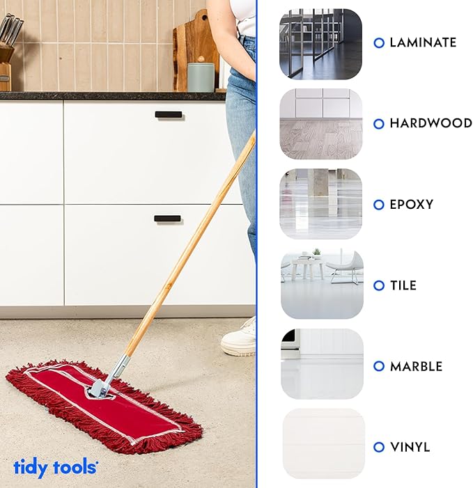 36 Inch Red Commercial Dust Mop & Floor Sweeper – Wood Handle Floor Mop for Tile, Hardwood & Concrete