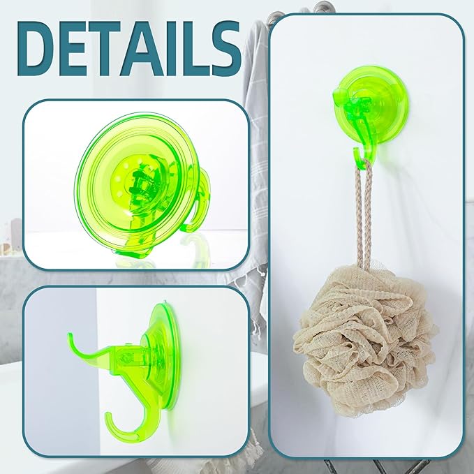 Antimbee Clear Suction Cup Hanger, 5 Pack Removable Small Suction Cups for Shower, Bathroom, Glass, Door, Windows, Kitchen - Up to 11 lbs on Smooth Surface - 2 Hooks Design (Transparent Green)