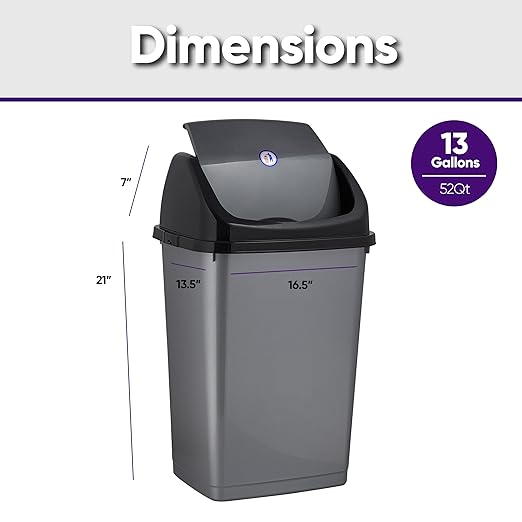 Superio Kitchen Trash Can 13 Gallon with Swing Lid, Plastic Tall Garbage Can Outdoor and Indoor, Large 62 Qt Recycle Bin and Waste Basket for Home, Office, Garage, Patio, Restaraunt (Grey/Black)