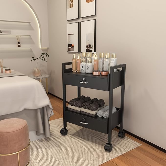Paddie Salon Trolley Cart, Salon Tray Wooden Mobile Utility Cabinet with 2 Lockable Drawers, Rolling Storage Station Medical Esthetic Supply Holder for Beauty Spa (2 Drawers, Black)