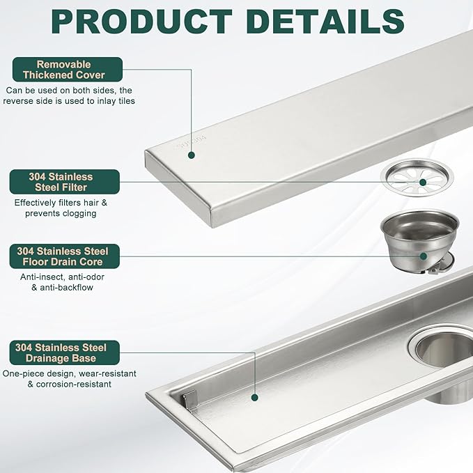 uxcell Rectangular Shower Drain, Brushed 304 Stainless Steel Odor-Proof Floor Drain Linear Shower Drain Hair Catcher for Bathroom Kitchen and Laundry Room(16 Inch, Bright Silver)