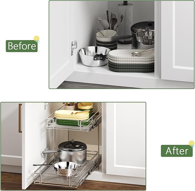 2 Tier Individual Pull Out Cabinet Organizer 16½" W x 21½" D, Heavy Duty Cabinet Pull Out Shelves, Slide Out Drawers Organization for Kitchen Cabinets Bathroom