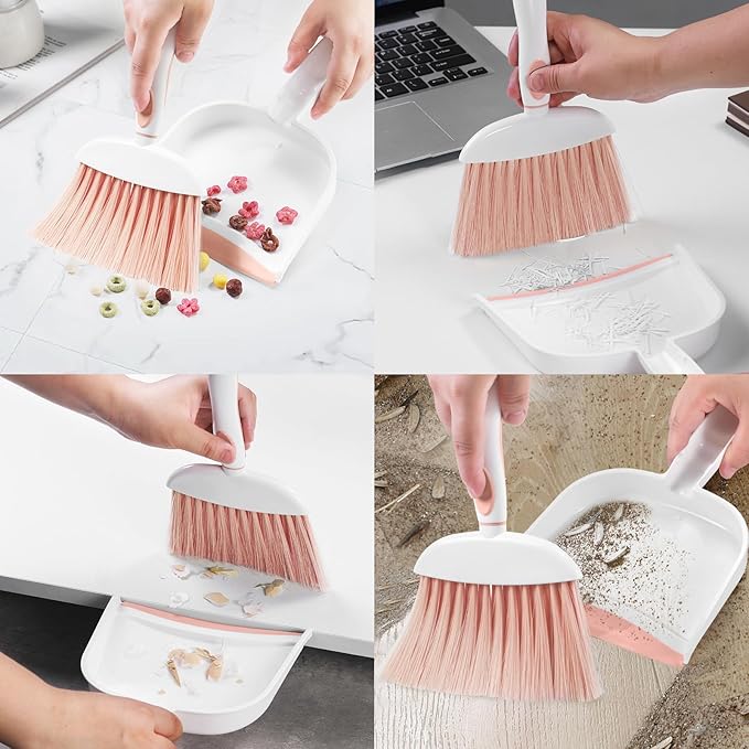 NACENA Small Dust Pan and Brush Set, Mini Broom and Dustpan Set Small Hand Broom and Brush Combo Dust Pan with Teeth for Home Cleaning Drawers Desktop Sofas Pet Care and Outdoor, Pink