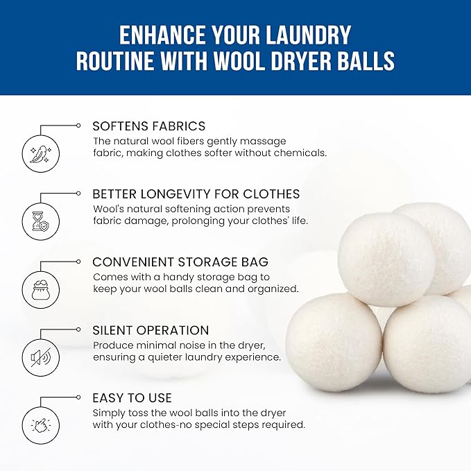 Ezhippie Quality Wool Dryer Balls - 12 XL Pack - 1000+ Loads - Pure Organic Wool - Reusable Natural Fabric Softener Perfect with Essential Oils, Reduce Clothing Static and Wrinkles