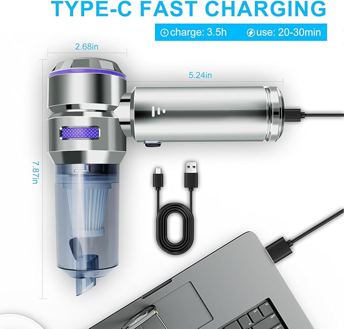 Car Vacuum Portable Cordless, 21000Pa Strong Suction Handheld Vacuum, 100W Auto Vac for Car Detailing, Home, RV Camping Use with 6000mAh Battery, Type-C Fast Charge & Blower Function