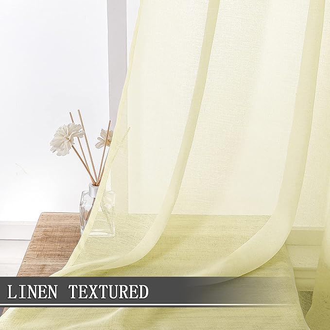 Tollpiz Short Sheer Tier Curtains Linen Textured Half Kitchen Curtain Sheers Light Filtering Rod Pocket Voile Small Curtain for Bathroom, 25 x 24 inches Long, Transparent Yellow, Set of 2 Panels