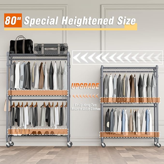 Homdox Rolling Clothes Rack Heavy Duty, 3-Tier Adjustable Wire Shelving Garment Organizer with Double Rods & Hooks, Portable Clothes Rack with Wheels, 17.72" D x 47.24" W x 80.71" H, Grey