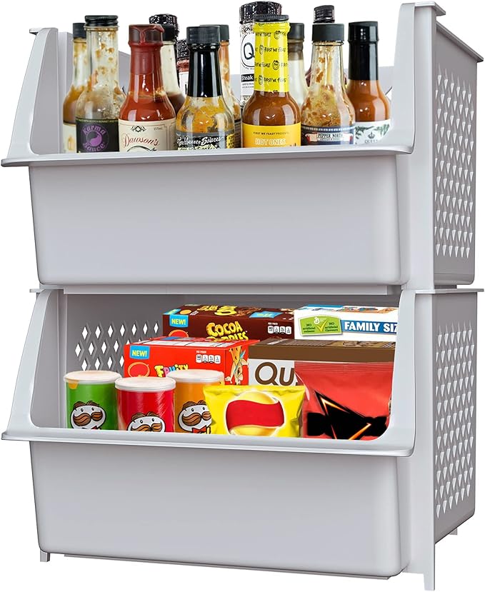 Skywin Plastic Stackable Storage Bins for Pantry - 2 Pack Stackable Bins For Organizing Food, Kitchen, and Bathroom Essentials (Light Grey)
