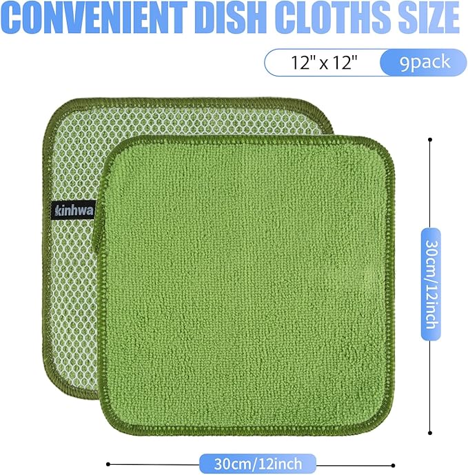 KinHwa Kitchen Washcloths for Dishes Absorbent Microfiber Dish Cloths Quick Dry Dish Rags with Poly Scour Scrub Side Ideal for Kitchen Cleaning (Mixing Colors #1, 12inchx12inch 9 Pack)