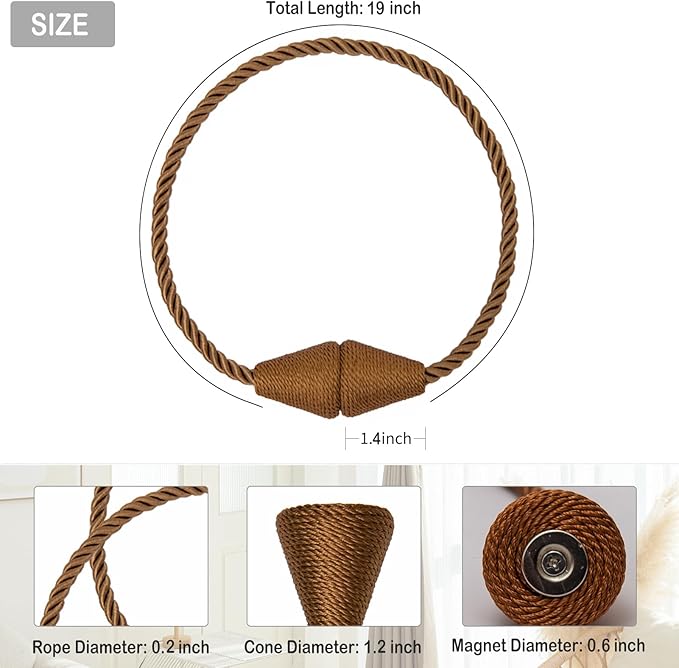 Magnetic Curtain Tiebacks 4 Pack Outdoor Rope Curtain Tie Backs Decorative Window Treatment Holdbacks for Home Decorative Curtain, Khaki