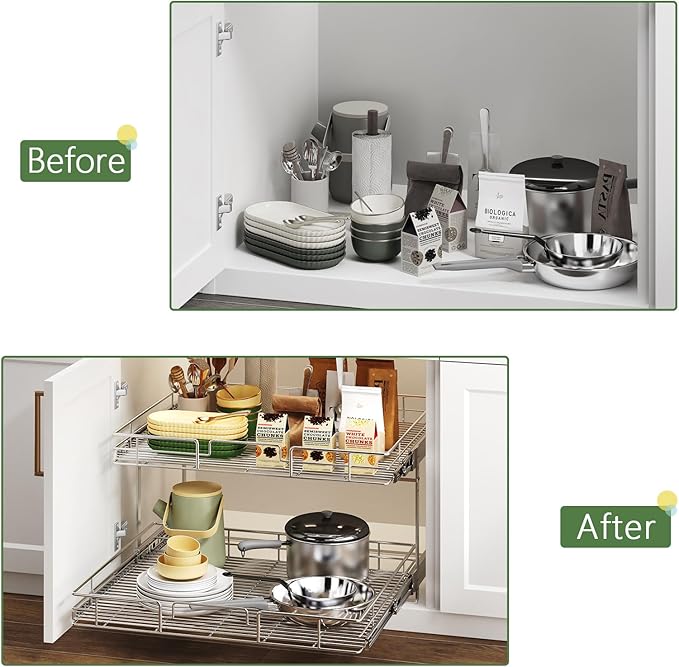 2 Tier Individual Pull Out Cabinet Organizer 28½" W x 21½" D, Heavy Duty Cabinet Pull Out Shelves, Slide Out Drawers Organization for Kitchen Cabinets Bathroom