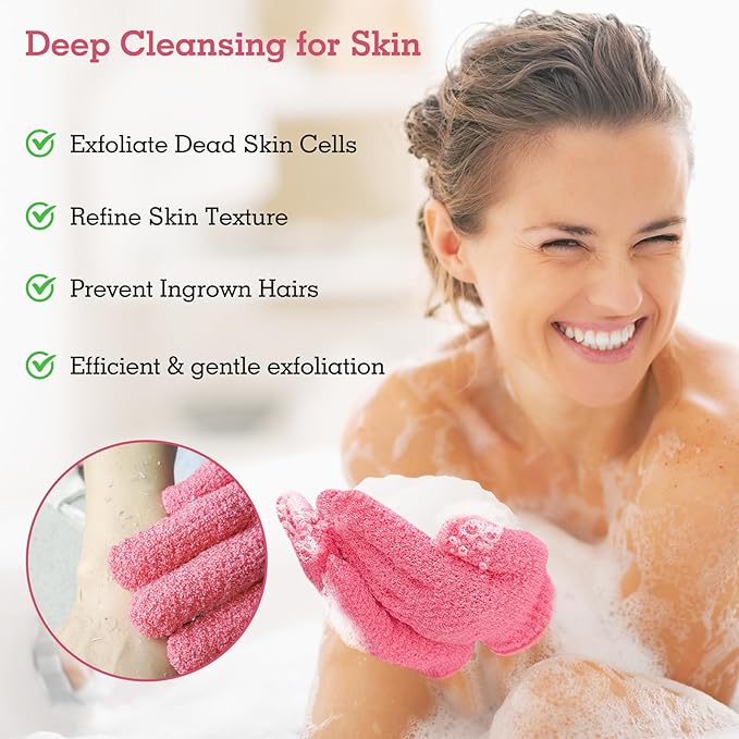 Evridwear Exfoliating Gloves for Shower, 100% Nylon Thick Soft Medium Heavy Bathing Gloves Dead Skin Remover Body Scrubber Smooth Skin with Hang Loop, 2 Pairs Heavy Hot Pink