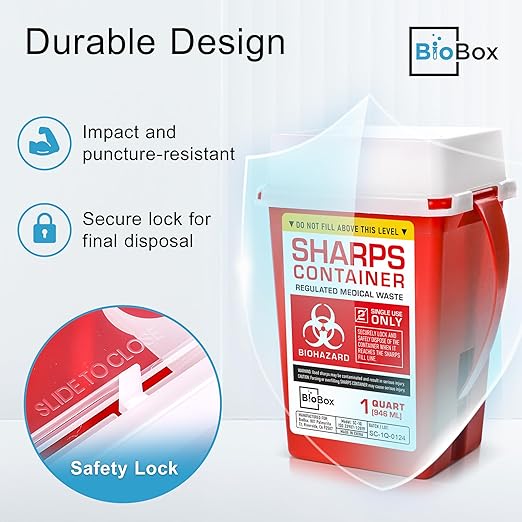 Sharps Container Large - Sharps Containers for Home Use and Labs - Portable Needle Disposal and Travel Size Biohazard Bin - 1 Quart (Pack of 3)
