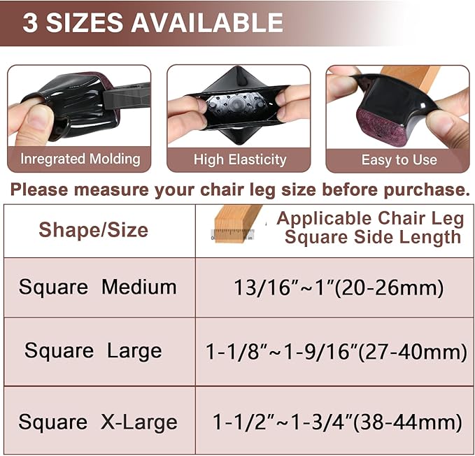 Chair Leg Floor Protectors Square Chair Leg Protectors for Hardwood Floors Silicone Caps Felt Strengthen Bottom Protection Anti-Scratch Reduce Noise 16 Pack Black Square M Fit:13/16" to 1" (20-26mm)