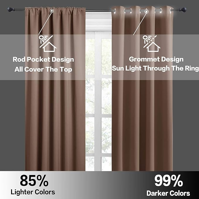 RYB HOME Half Window Curtains Blackout Shades Small Draperies for Living Room, Short Curtains for Cafe Shop/Kitchen, 29 inches Wide x 24 inch Long Per Panel, Mocha, 2 Panels