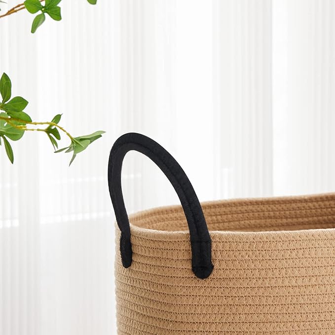 VIPOSCO Large Laundry Hamper, Tall Woven Rope Storage Basket for Blanket, Toys, Dirty Clothes in Living Room, Bathroom, Bedroom - 72L Brown & Black