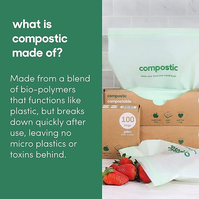 Compostic Home Compostable Resealable Snack Bags (6"x 3.5"), Microwave & Freezer Safe, Organic Food Storage Container, 100 Count