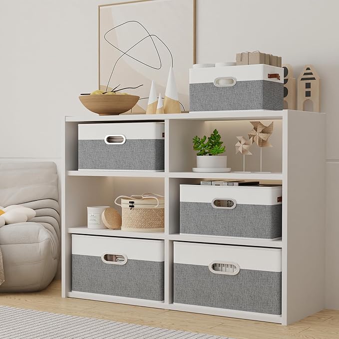 Yawinhe Fabric Storage Baskets, Foldable Closet Organizer for Shelves, Large Boxes with 3 Handles, Canvas Bins for Clothes, White/Grey, 12.99''Lx9.05''Wx7.87''H, 4-Pack