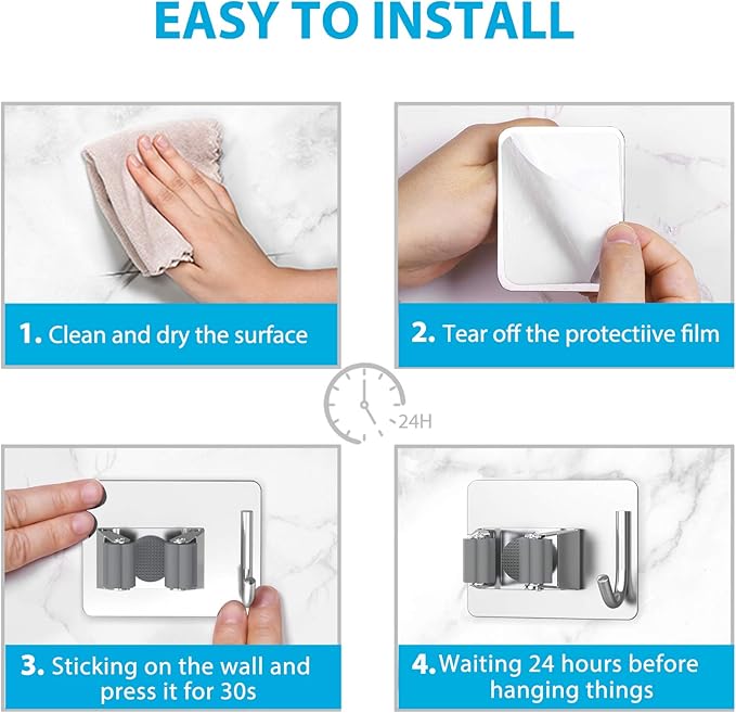 Mop Broom Holder No Drill, Mop Broom Organizer Wall Mounted Heavy Duty with Hooks Hanger, Self Adhesive Stainless Steel 6Pcs for Bathroom, Kitchen, Office (Silver)
