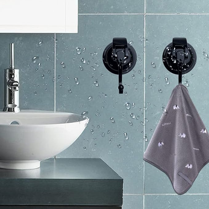 Heavy Duty Vacuum Suction Shower Hooks - Glass Suction Cup Bathroom Robe Hooks, Reusable, No Hole Punched, for Garland Decoration (Black, 6 Pack)