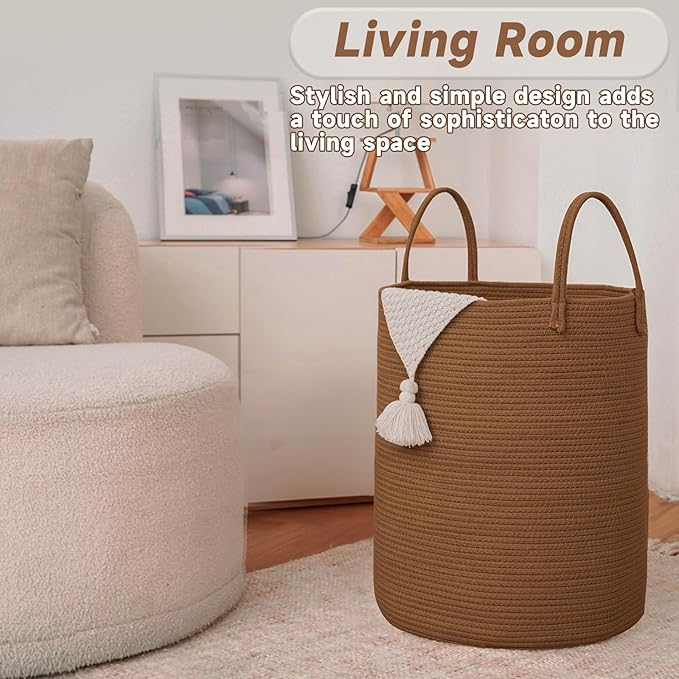 Large Woven Laundry Basket Hamper,60L Cotton Rope Storage Bin for Blankets,Toys and Clothes,Decorative Tall Nursery Hamper for Living Room,Baby Nursery,Bathroom and Bedroom,Golden Jute
