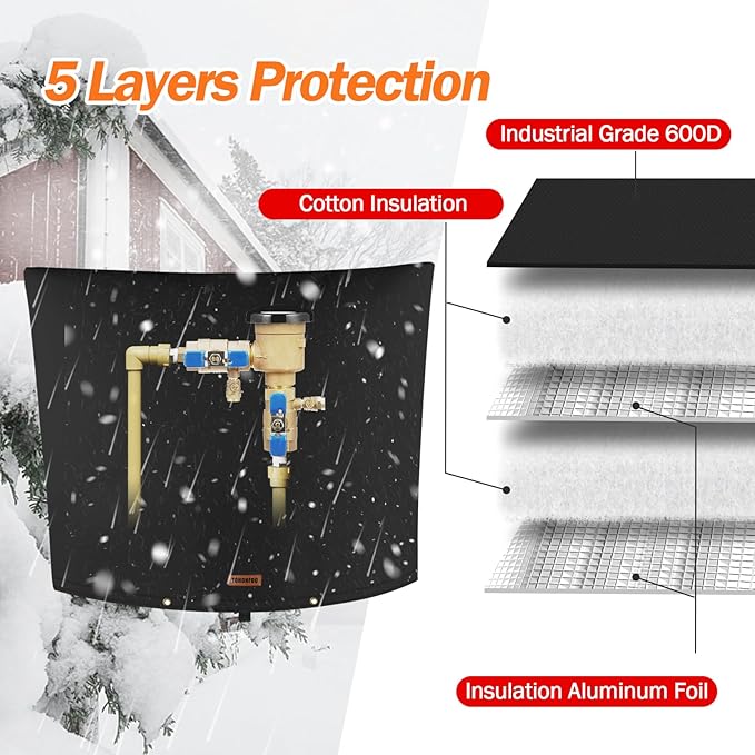 Backflow Preventer Pipe Insulation Cover (5°F) - Irrigation Sprinkler Valve Insulated Pouch - Water Well Pump Cover - Sturdy 5 Layers for Winter Freeze Protection, 30" W x 24" H, Black
