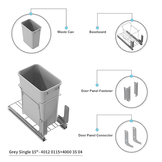 Dowell B15 Aluminum Base Wastebasket Pullout with Door Mount and 50Qt/13Gal Plastic Bin (4012 0115+50)