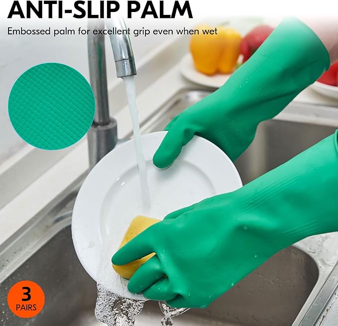 Vgo... 3-Pairs Reusable Household Gloves, Rubber Dishwashing gloves, Extra Thickness, Long Sleeves, Kitchen Cleaning, Working, Painting, Gardening, Pet Care (Size S, Green, HH4601)