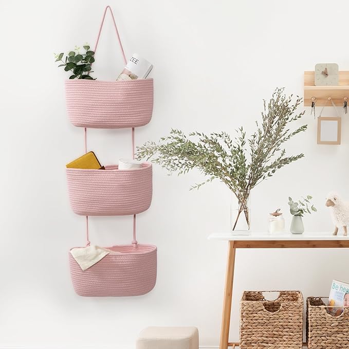 TeoKJ 3-Tier Wall hanging Storage Bags, Over the Door Organizer, Decorative Cotton Rope Hanging Baskets, Pink