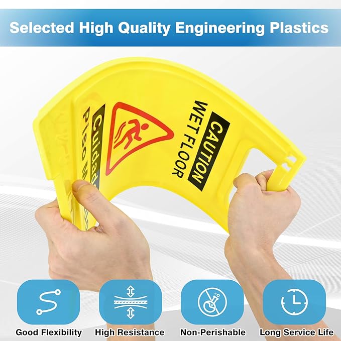 2 Pack Caution Wet Floor Sign, 17.5" Height, Bright Yellow, Double-Sided A-Frame Safety Caution Sign Commercial, Bilingual Caution Message
